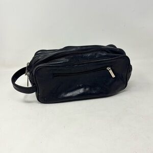 BROOKSTONE Men’s Black Leather Double Compartment Toiletry Dopp Bag 8” X 4” X 4”